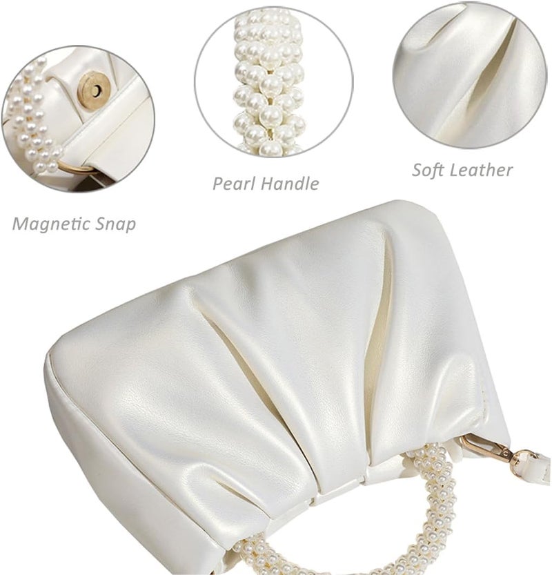 Beatfull Evening Purse Women Small Pearl Handbags Soft Leather Ruched Bag Wedding Bridal Clutch Party Prom Crossbody Purses - Image 4